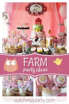 a farm party with lots of pink and white items on the table, including an owl cake