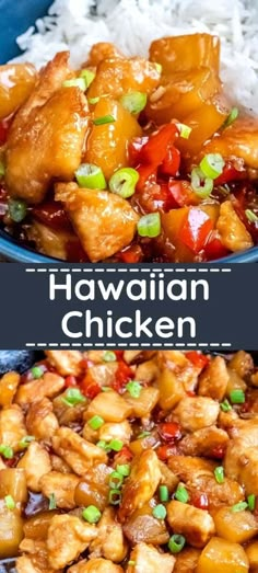 hawaiian chicken with rice and green onions in a blue bowl next to the same image