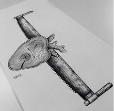 a pencil drawing of a tree branch with a saw blade attached to it's end