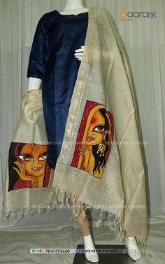 Mural Painting On Dress, Painting On Dress, Batik Kurti, Hand Painted Dupattas, Iranian Painting, Acrylic Paint On Fabric, Painted Dupatta, Hijab Shop