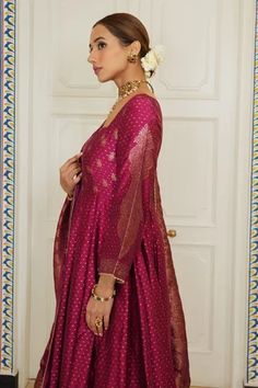 Shop for Safaa Magenta Vegan Silk The Rummana Polka Dots Woven Anarkali Set for Women Online at Aza Fashions Festive Saree Dress With Meenakari Details, Anarkali Long Sleeve Choli With Zari Weaving, Anarkali Choli With Zari Weaving And Long Sleeves, Traditional Meenakari Dresses For Festive Occasions, Festive Meenakari Anarkali Set For Navratri, Festive Designer Dresses With Meenakari, Festive Designer Meenakari Dresses, Festive Semi-stitched Meenakari Dresses, Meenakari Dresses For Diwali Designer Wear