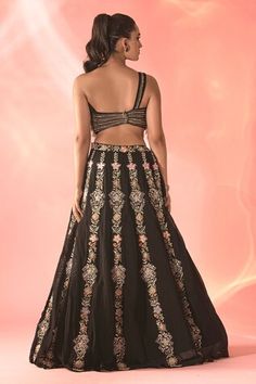 Black attached cancan lehenga with floral panel embroidery. Paired with a padded blouse with 3D floral applique and dupatta with embroidered border. - Aza Fashions Fitted Lehenga With Floral Embroidery For Evening, Evening Lehenga With Floral Embroidery And Fitted Style, Fitted Evening Lehenga With Floral Embroidery, Evening Fitted Lehenga With Floral Embroidery, Lehenga Pattern, Floral Applique, Floral Embroidery, Aza Fashion, Lehenga