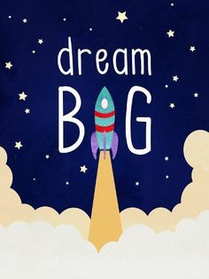 a rocket ship with the words dream bag on it flying in the sky above clouds