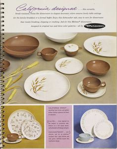 an advertisement for dinnerware from the mid - century, including plates and cups with designs on them