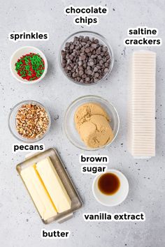 ingredients to make chocolate chip cookies laid out on a white surface with text overlay