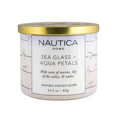 nautica sea glass and aqua petals scented candle in a white tin with gold lid