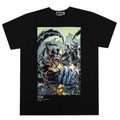 Printed art on the front Short-sleeve tee Ribbed crew neckline Comfortable and lightweight Regular fit 100% cotton Officially licensed Marvel merchandise Marvel Wolverine, Marvel Merchandise, Wolverine Marvel, Printed Art, Modern History, Anime Shirt, Cover Black, Black Tee, Comic Art