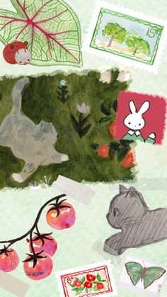 an image of some animals and fruit on the ground