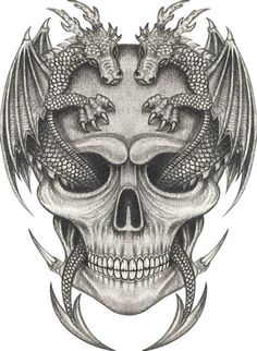 a skull with two dragon heads on it's face and wings above the head