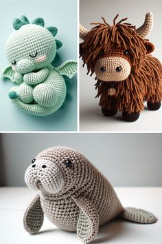 crocheted stuffed animals are shown in three different pictures