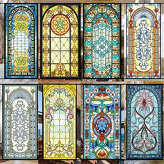 several stained glass windows with different designs and colors, all in various sizes and shapes