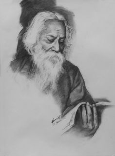 a drawing of an old man with long white hair and beard holding something in his hand