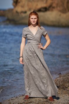 "Long Linen Wrap Dress, Linen Maxi Dress, Plus Size Boho Dress ♠ The essential summer wrap dress made from 100% high quality linen. This comfortable short sleeved dress has a surplice neckline, side pockets and tie wrap closure that emphasizes the waist. Featured in soft gray shade here, this delightful linen piece could be made in a variety of colors. ♠ If you would like a removable Slip dress in addition to your Linen dress, please check the Slips section: http://etsy.me/36T5ZQu ♠ Sizes The mo Fitted V-neck Linen Sundress, Fitted Linen V-neck Maxi Dress, Fitted Linen Maxi Dress With V-neck, Fitted V-neck Linen Maxi Dress, Fitted V-neck Linen Summer Dress, Fitted Linen Dress With Tie Waist For Beach, Linen Kaftan Dress, Wrap Dress Summer, Maxi Linen Dress