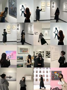 several pictures of people in an art gallery looking at artwork on display and talking to each other