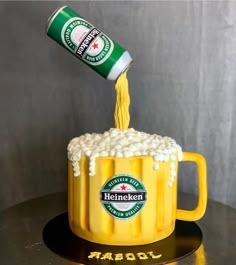 a beer being poured into a mug cake