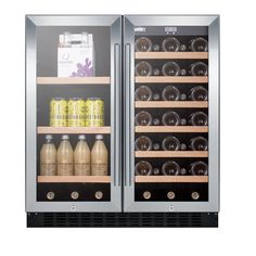 two stainless steel refrigerators with glass doors and shelves filled with drinks, beverages or juice