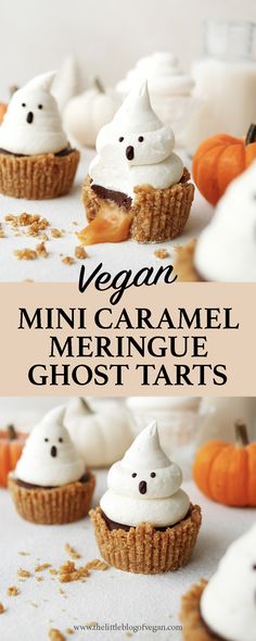 mini caramel meringue ghost tarts with whipped cream on top