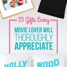 two pillows with the words 29 gifts every movie lover will thoroughly appreciate in front of them