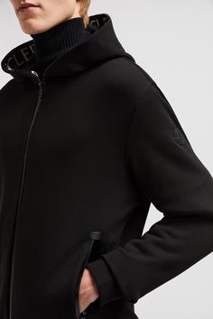 A casual staple, this hooded sweatshirt is crafted from cotton fleece. The zip-up hoodie for men is embellished with a grosgrain logo along the hood. Luxury Winter Hoodie With Ribbed Cuffs, Luxury Winter Hoodie Sweatshirt, Luxury Sweatshirt With Drawstring Hood For Winter, Luxury Cotton Winter Hoodie, Luxury Cotton Outerwear For Streetwear, Luxury Cotton Hoodie With Ribbed Cuffs, Luxury Hooded Sweatshirt With Ribbed Cuffs, Luxury Winter Hoodie With Double-lined Hood, Luxury Winter Sweatshirt With Ribbed Cuffs