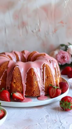 a bundt cake with pink icing and strawberries on the plate next to it