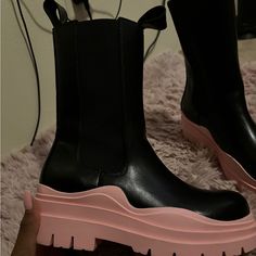 Black & Pink Tire Chelsea Boots Designer Pink Round Toe Boots, Designer Pink Boots With Round Toe, Designer Black Boots For Spring, Shoes Heels Boots, Bottega Veneta, Shoes Women Heels, Chelsea Boots, Heeled Boots, Chelsea