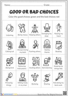 the good or bad choices worksheet is shown in black and white, with different symbols