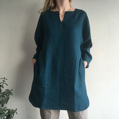 "Loose linen tunic with pockets. Great choice when you need comfortable and stylish outfit combination. You can wear it with trousers, leggings, shorts, skirts. The good thing about tunics is that you can wear them also by themselves with nothing or for example as beach cover ups. Linen tunic dress is perfect for warm days and vacation. As linen regulates body temperature, is lightweight and really absorbent, which makes it the perfect fabric for summer. ABOUT Length of this linen tunic in front Linen Tunic Dress With Pockets, Long Sleeve Linen Dress With Pockets For Beach, Relaxed Fit Tunic With Pockets For Daywear, Green Summer Tunic Kurta, Green Cotton Tunic Kaftan, Green Summer Kurta Tunic, Oversized Green Bohemian Tunic, Green Embroidered Straight Kurta Tunic, Linen Maternity Dress