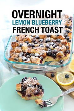 overnight lemon blueberry french toast on a plate with a fork and glass casserole dish in the background