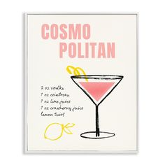 a card with an illustration of a cocktail glass and the words cosmo polltan on it