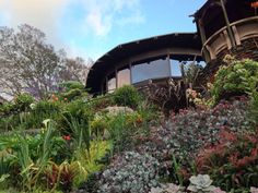 the house is surrounded by colorful flowers and greenery