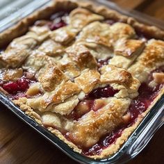 a close up of a pie in a pan on a table