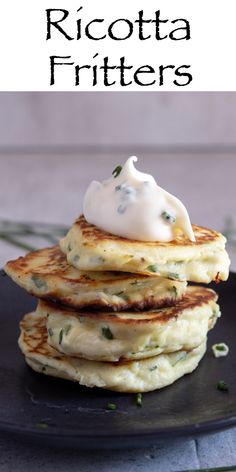 three pancakes with whipped cream on top and the words ricotta fritters above them