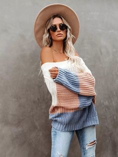 Large Striped Bohemian Knit Sweater – Boho Beach Hut Striped Knitwear, Bohemian Sweater, Boho Style Tops, Striped Knit Sweater, Pull Oversize, Stylish Sweaters, Estilo Chic, Color Block Sweater, Bohemian Clothes