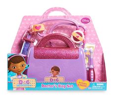 the doc doc bag set is purple and has pink glitter on it's side