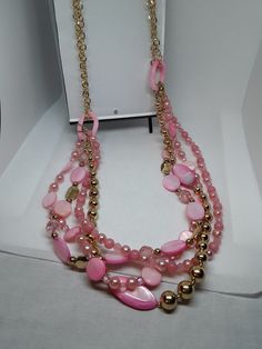 15" long goldtone multistrand necklace with stone, metal and plastic pink and goldtone beads BOX JY7 BAG G JMC Necklace With Stone, Beaded Boxes, Multi Strand Necklace, Multi Strand, Pearl Necklace, Gold Tones, Beaded Necklace, Beads, Stone