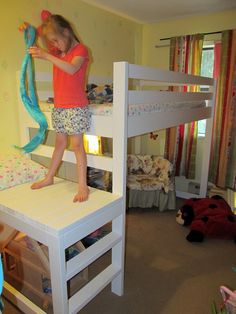 Loft Bed for Phaedra | Do It Yourself Home Projects from Ana White Loft Bed Instructions, Loft Beds Dyi, Bed With Platform, Queen Loft Bed Diy Building Plans, Full Size Loft Bed Plans Floating, How Yo Build A Loft Bed, Loft Bed Stairs, Drawers Diy, Diy Beds