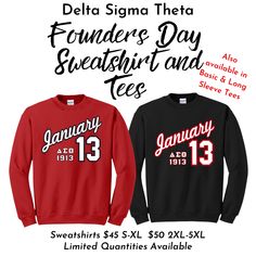 Delta Sigma Theta DST Founders Day Sweatshirts and Tees Choose your style 50/50 cotton/poly blend sweatshirt, long sleeve tees and cotton tees featuring our signature Founders Day logo design on front. Available in sizes S-5XL Unisex sizing, see size chart in pics for each style. Limited quantities. #deltasigmathetasororityinc #deltasigmathetasorority #deltasigmatheta #dstfoundersday2020 #dst1913 Delta Founders Day, Dst Founders Day, Day Logo Design, Delta Sigma Theta Gifts, Day Logo, Divine 9, Theta Sorority, Basic Long Sleeve Tee, Delta Sigma Theta Sorority