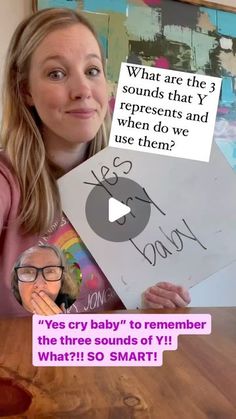 a woman holding up a sign that says, what are the 3 sounds that y represents when do we use them?