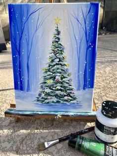 Christmas Art Christmas Theme Paintings, Diy Holiday Painting, Easy Christmas Pictures To Paint, Simple Winter Painting, How To Paint Christmas Trees, How To Paint A Christmas Tree, Holiday Acrylic Painting, Christmas Paintings Ideas, Christmas Paintings On Canvas Easy Diy