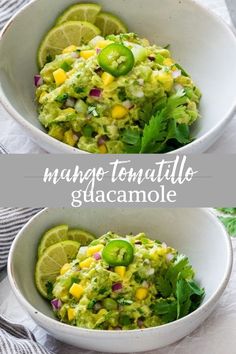 two bowls filled with guacamole and limes