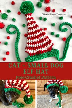 cat - small dog elf hat crochet pattern with pompom trims