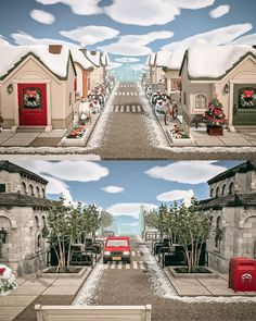 two pictures of the same street with houses and cars on it, one has a red truck parked in front