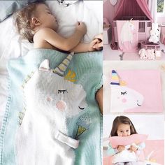 there is a baby sleeping on a bed with unicorns and other things in the background