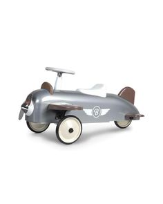 a toy car with wheels and an airplane on the front, sitting on a white surface