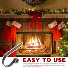 an advertisement for christmas stockings hung over a fireplace with lights and stockings on the mantle