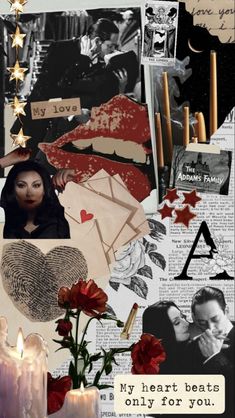 a collage with many different pictures and words on it's side, including roses