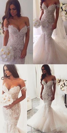 four different pictures of the same woman in wedding dresses, one is wearing an off shoulder dress