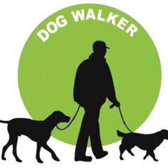 a man walking two dogs in front of a green circle with the words dog walker on it