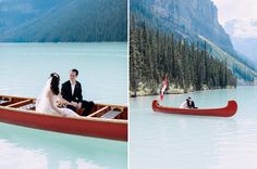 a bride and groom in a canoe on the water