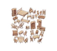 a collection of wooden furniture and chairs on a white background